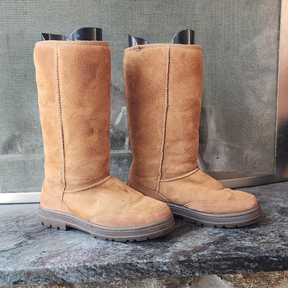 UGG Brown Suede Leather Ultra Tall Braided Back Boots Size 8 - Picture 6 of 16